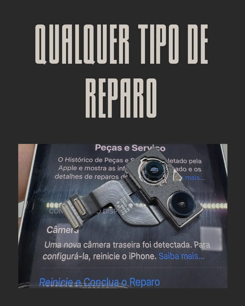 Câmera traseira de iPhone trocada, com a mensagem do sistema pedindo para concluir o reparo